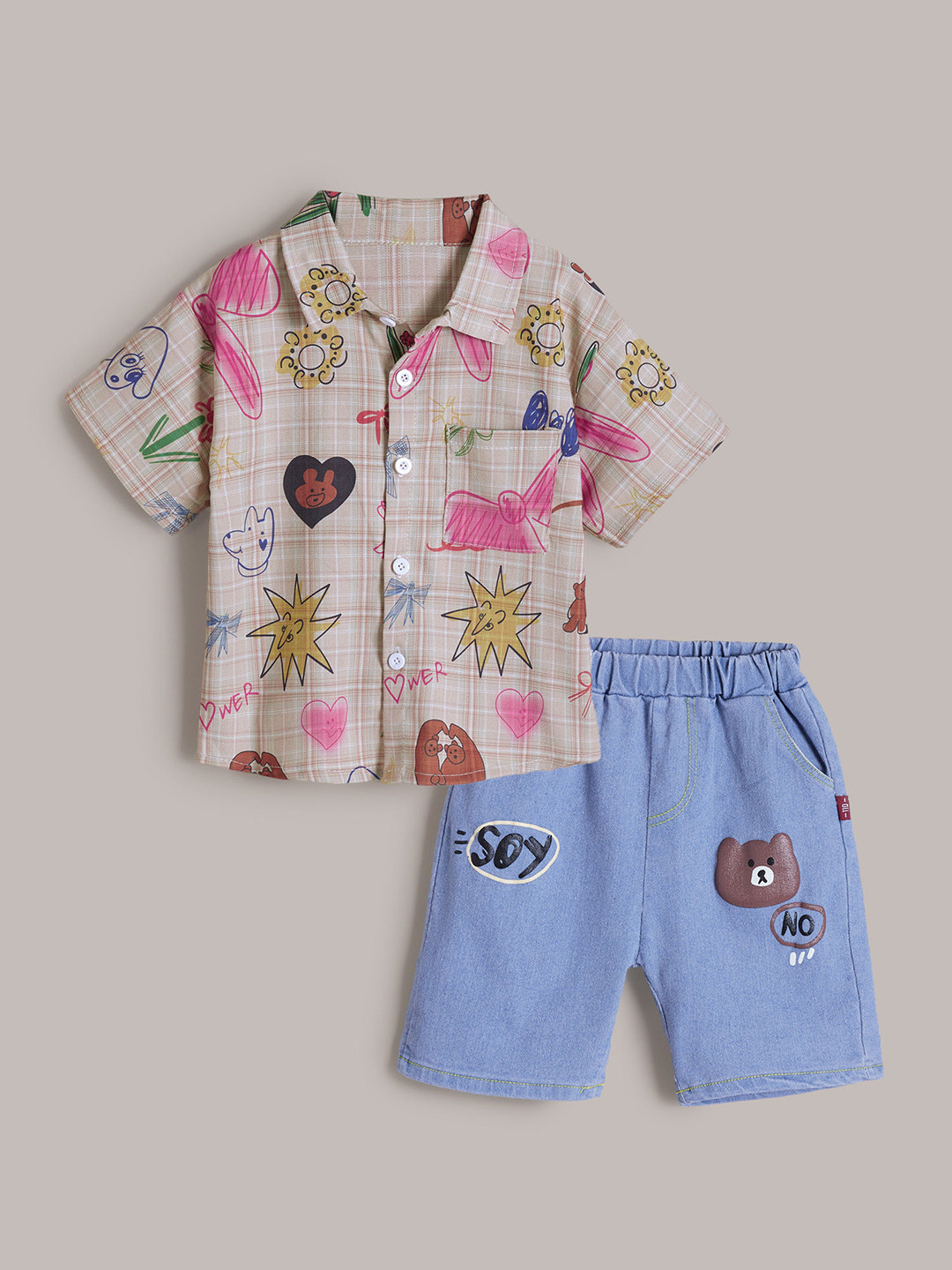 2-Pc Animal Shirt & Denim Shorts