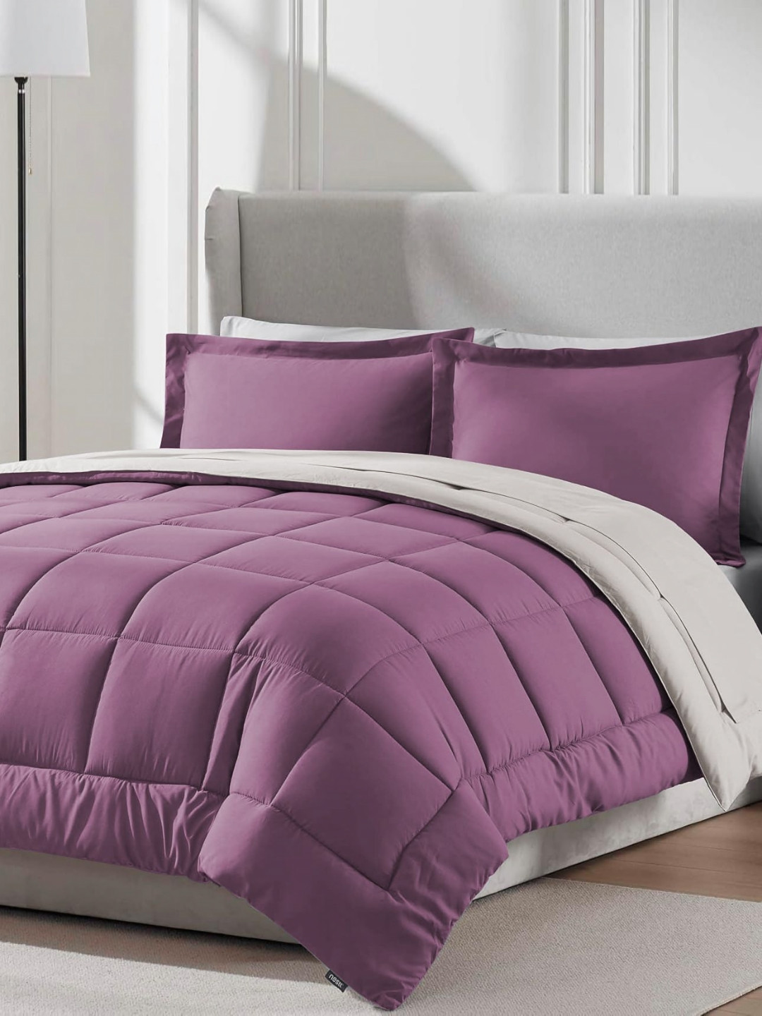 Furbo Pink & Grey 200 GSM Microfiber Mild Winter Reversible Double Bed Comforter