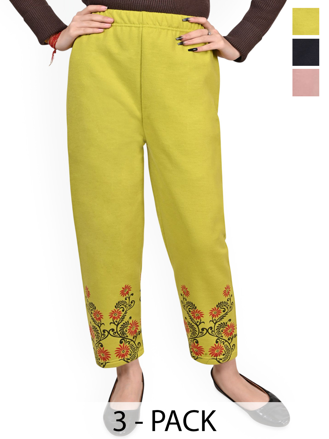 BAESD Girls Pack Of 3 Bottom Printed High-Rise Trousers