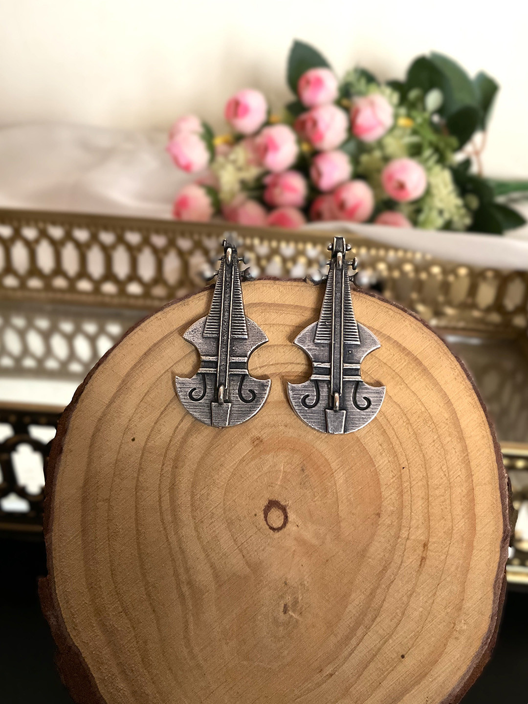 MOHATI Silver-Plated Oxidised Violin Shaped Studs