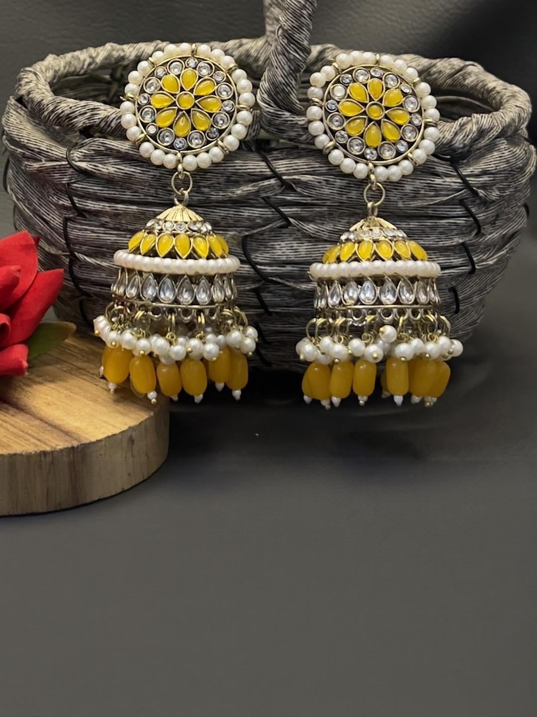 Fashion Theme Kundan Yellow Jhumka Earrings