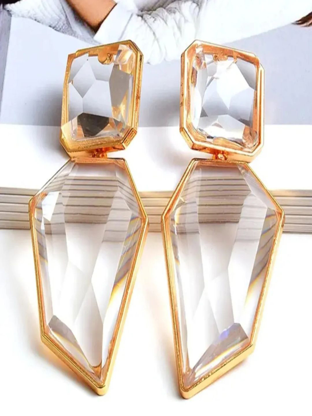 ROYAL NEEDS Stainless Steel Crystals Studded Korean Geometric Shaped Drop Earrings
