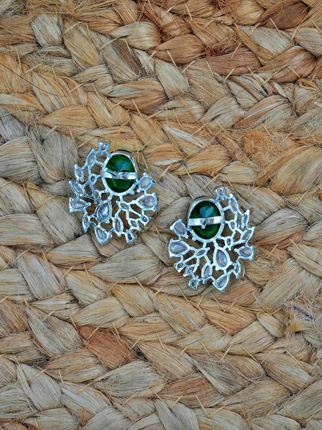 Moon Ron Rhodium-Plated Cubic Zirconia Studded Floral Shaped Studs