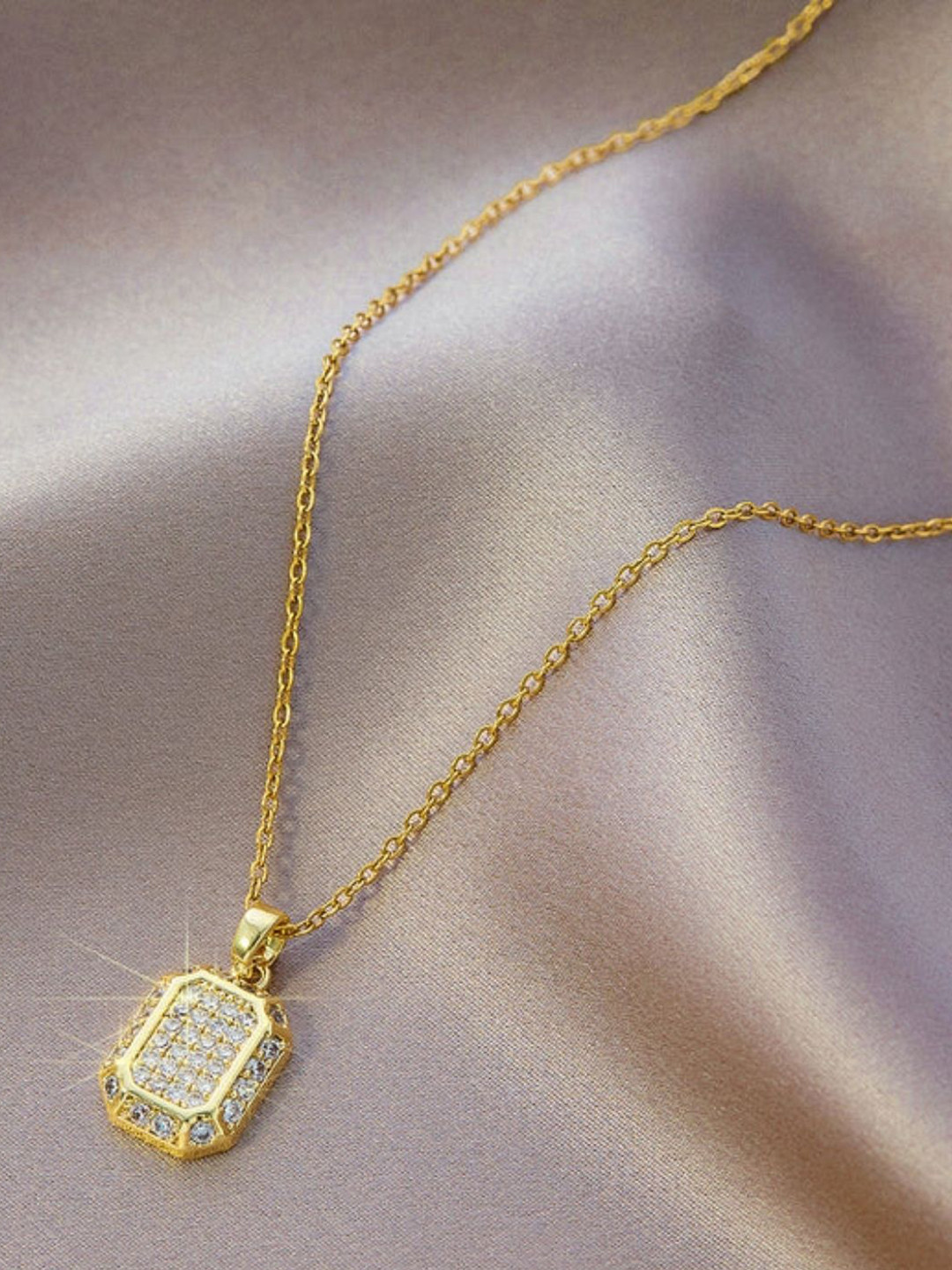 FAB COUTURE Prism Gold-Plated CZ Studded Anti - TarnishWater Square Pendants with Chains