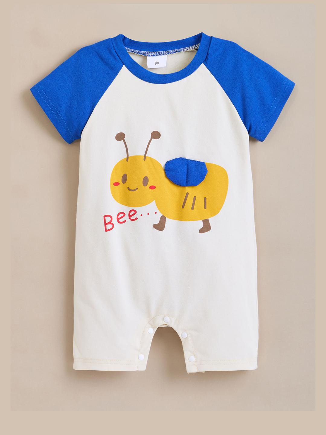 Hopscotch Boys White Round Neck Short Sleeve Cotton Rompers