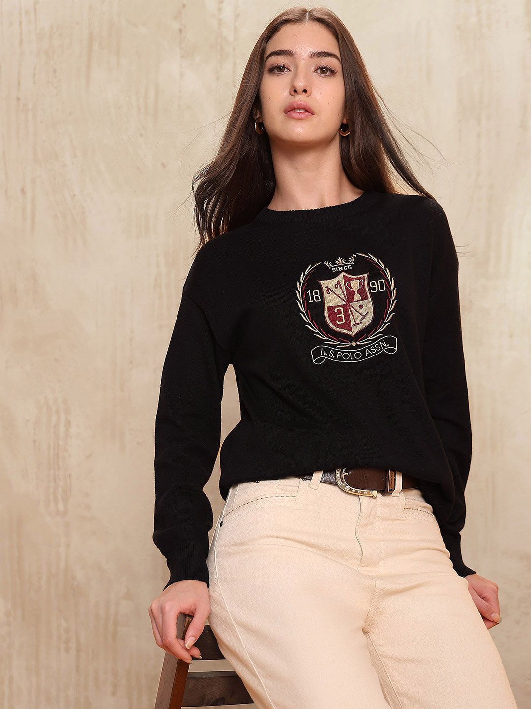 U.S. Polo Assn. Women Brand Logo Printed Round Neck Cotton Pullover