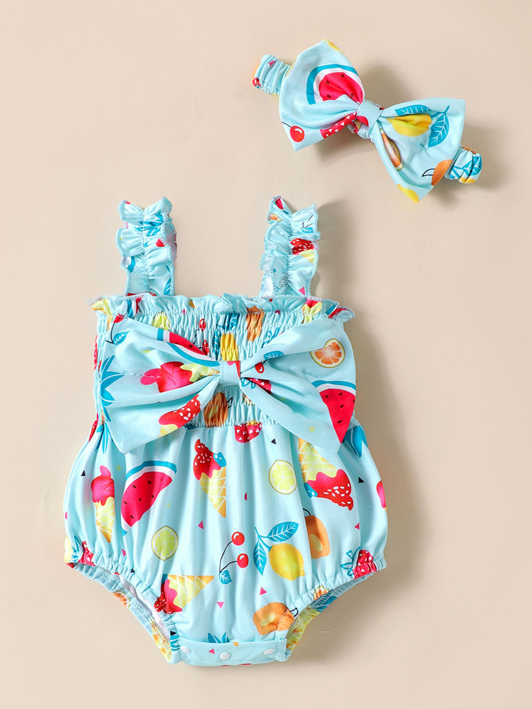Hopscotch Girls Fruit Printed Oversized Bow Onesie with Hairband