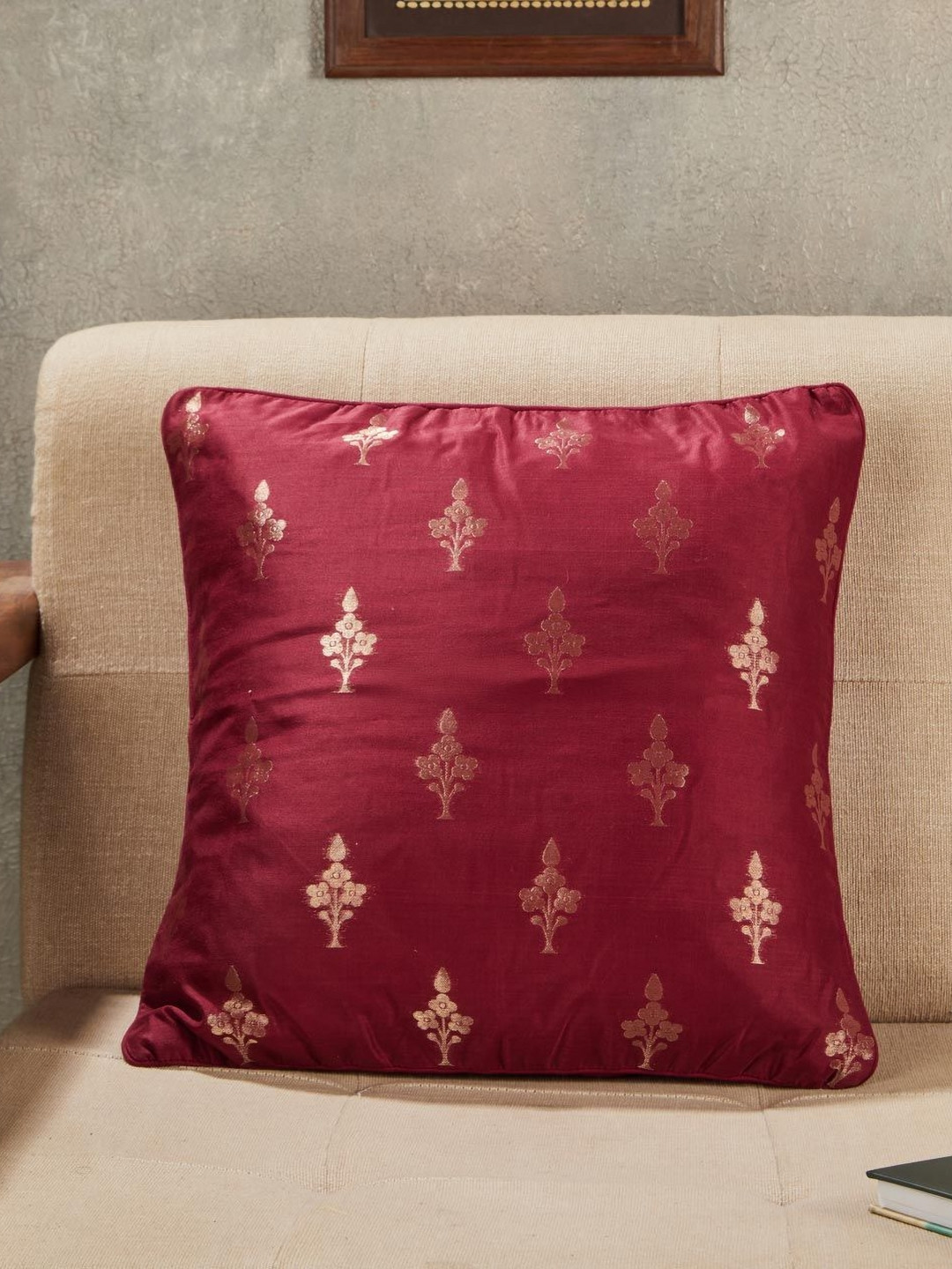 Fabindia Jalsa Maroon & Gold Toned Embellished Cotton Silk Square Cushion Cover