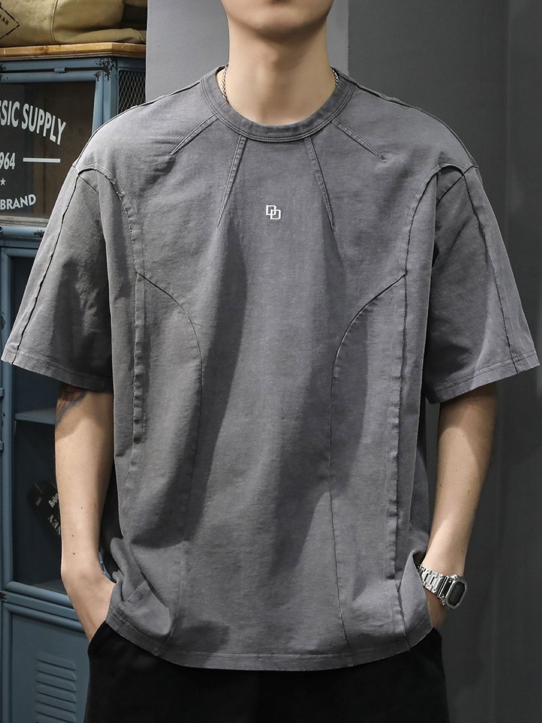 Grey Oversized Round Neck T-shirt with Drop Shoulder Sleeves