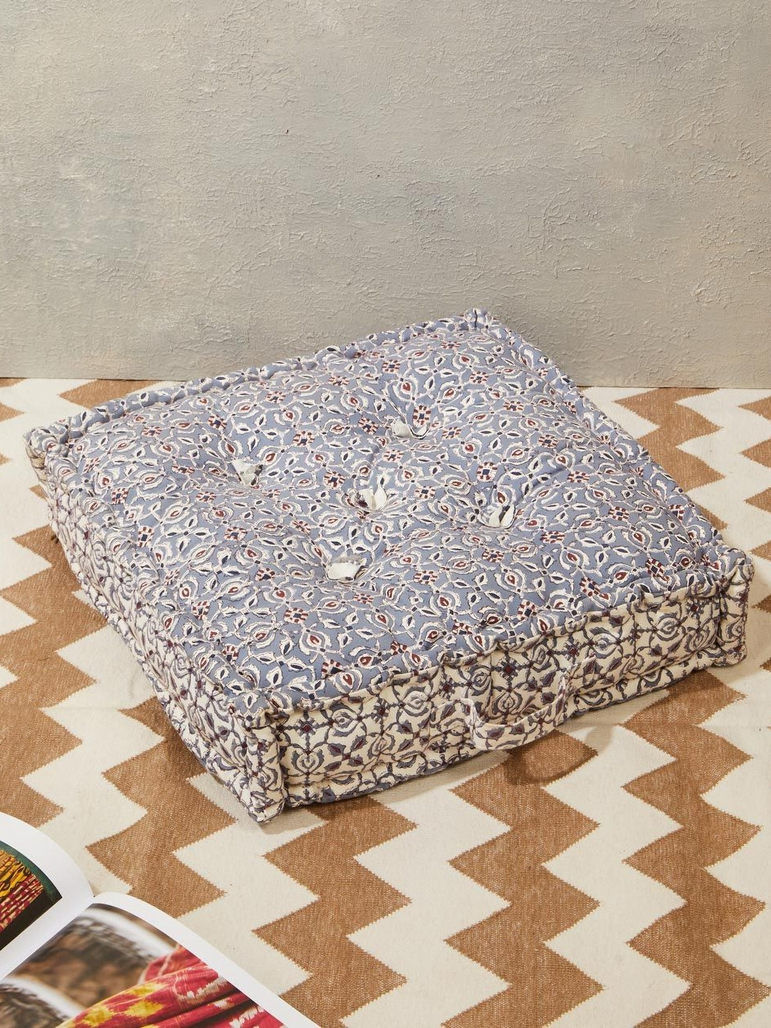 Fabindia Lavender & White Printed Jamuni Cotton Floor Cushion
