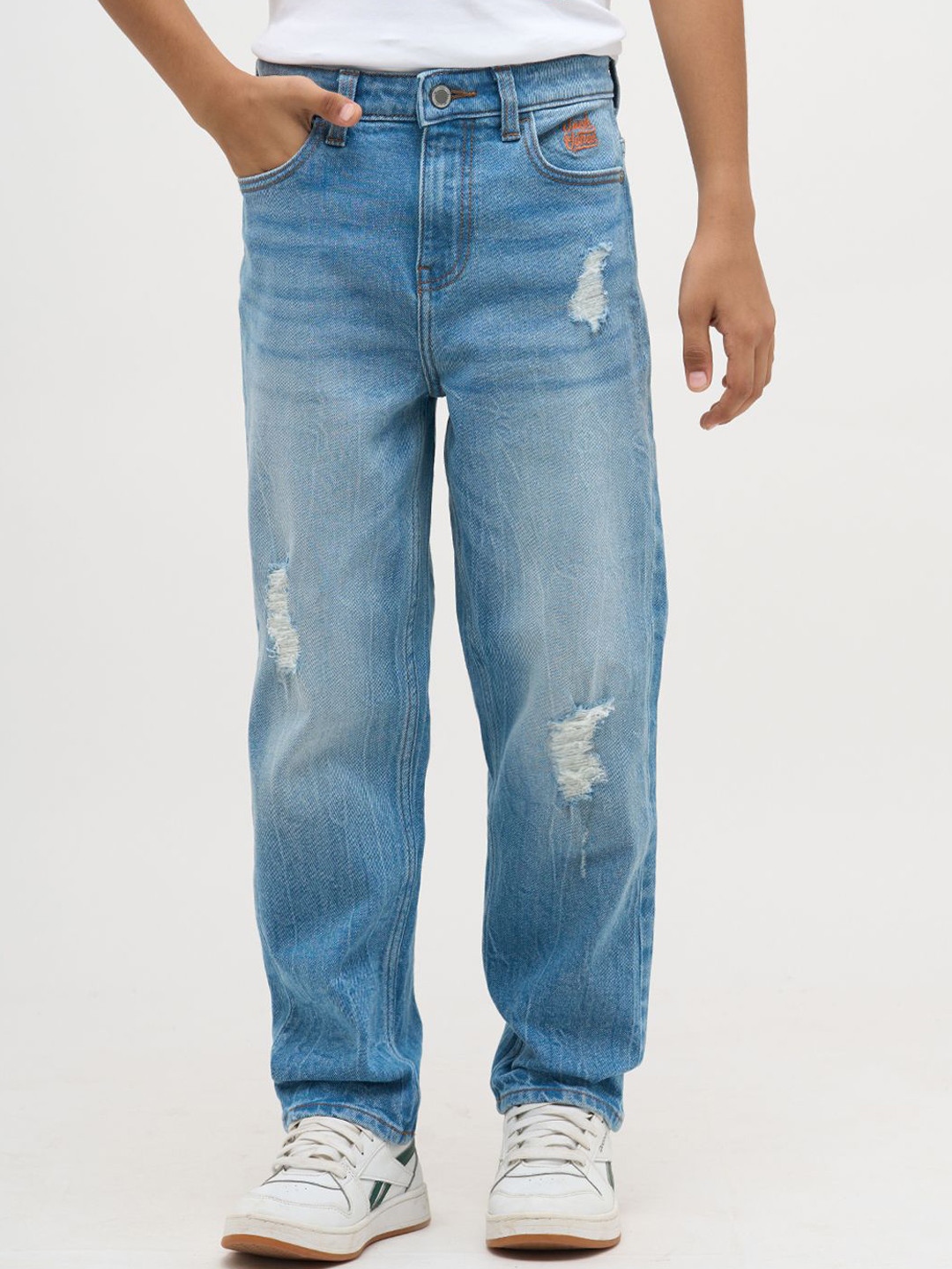 Jack & Jones Junior JJJR Marton JEA Boys Mildly Distressed Cotton Denim Stretchable Jeans