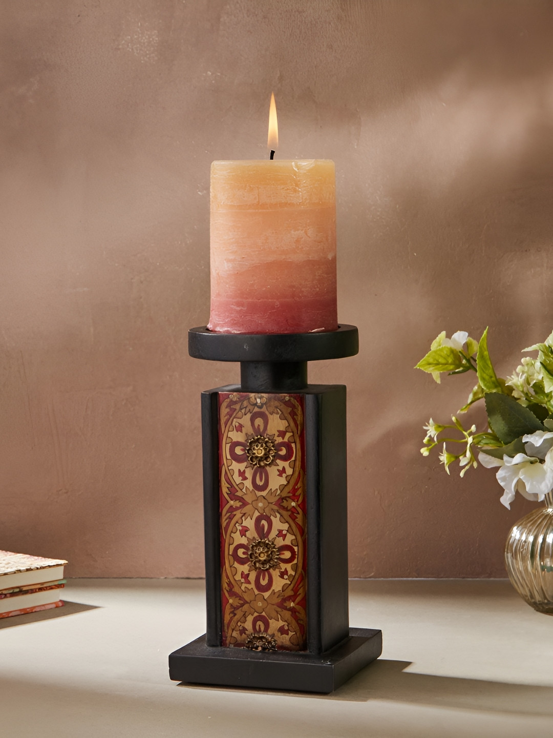 Fabindia Black & Maroon Wooden Candle Holder