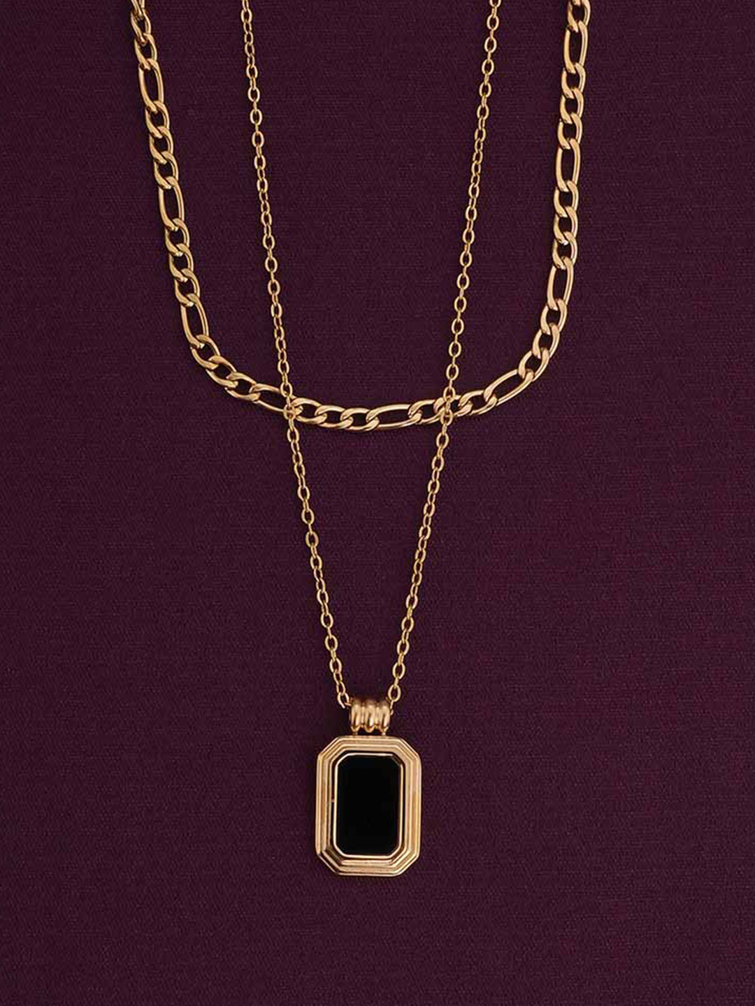 Women 18k Gold Plated Black Onyx Two Layer Waterproof & Anti-Tarnish Necklace