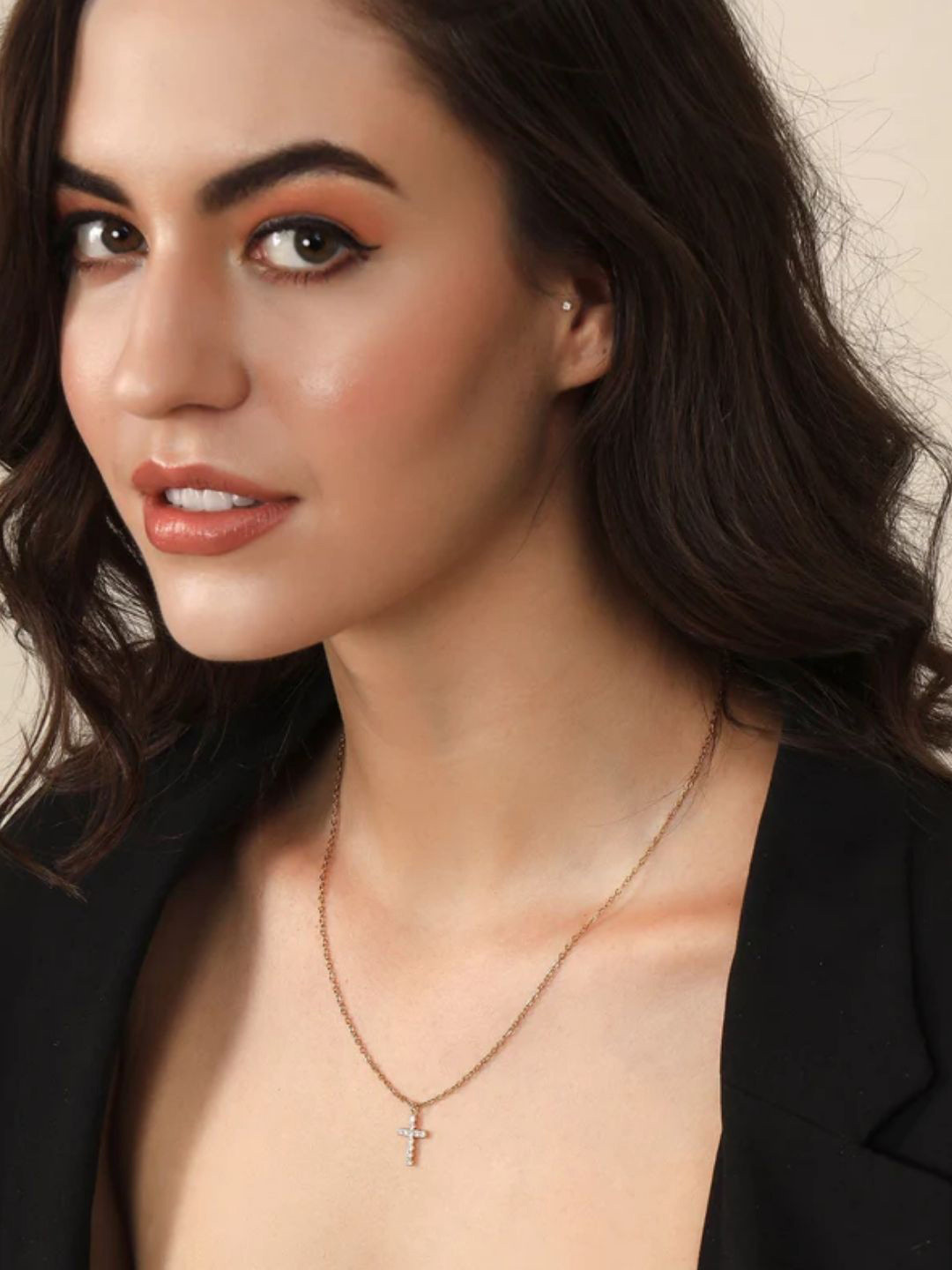 FAB COUTURE Minimal Cross Gold-Plated CZ Studded Contemporary Pendant