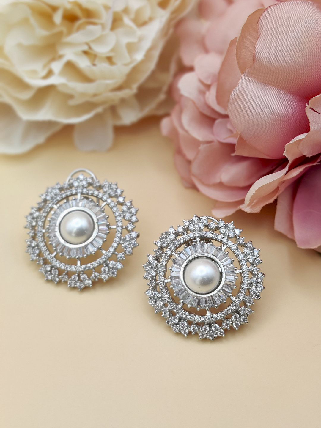 Ruh By Ruchi Tandon Rhodium-Plated Zircon Studded And Beaded Circular Shaped Studs