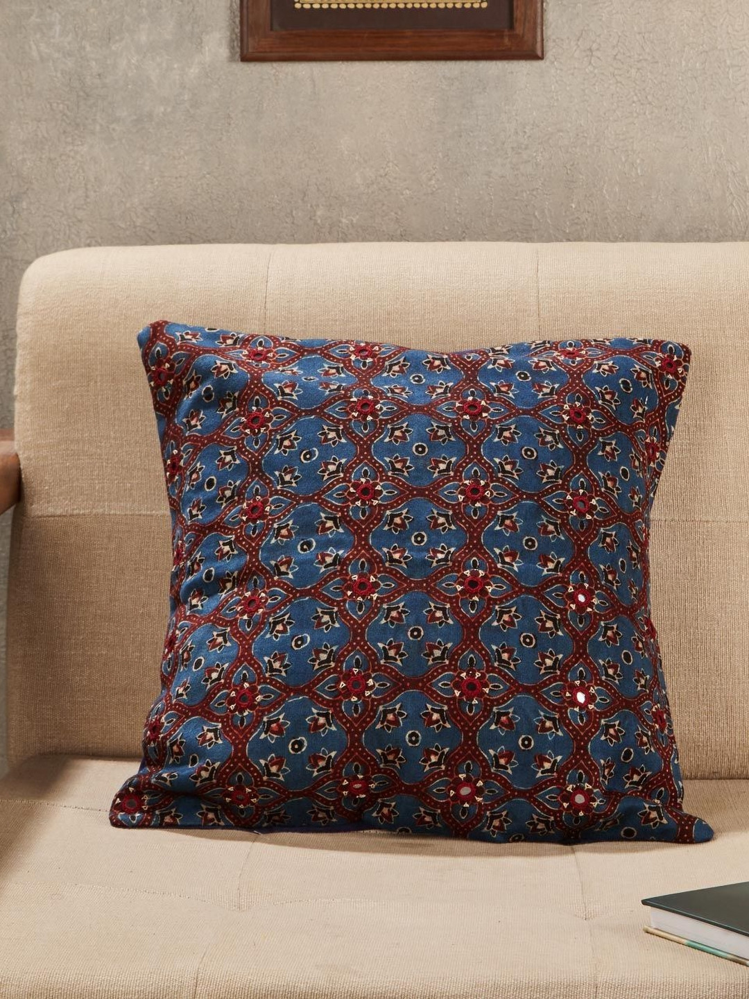 Fabindia Chavi Ajrakh Blue & Maroon Embroidered Square Cushion Cover
