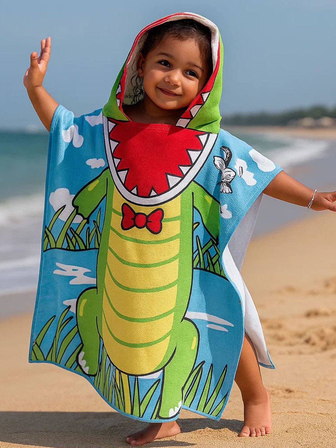 Famyo Green & Blue Cool Crocodile Design Poncho Towel for Kids (1-7 years)