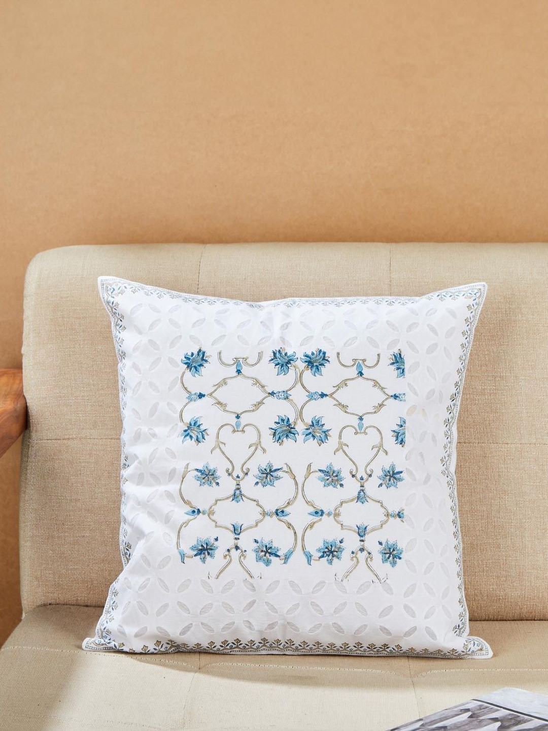 Fabindia Asta White & Blue Embroidered Cotton Square Cushion Cover