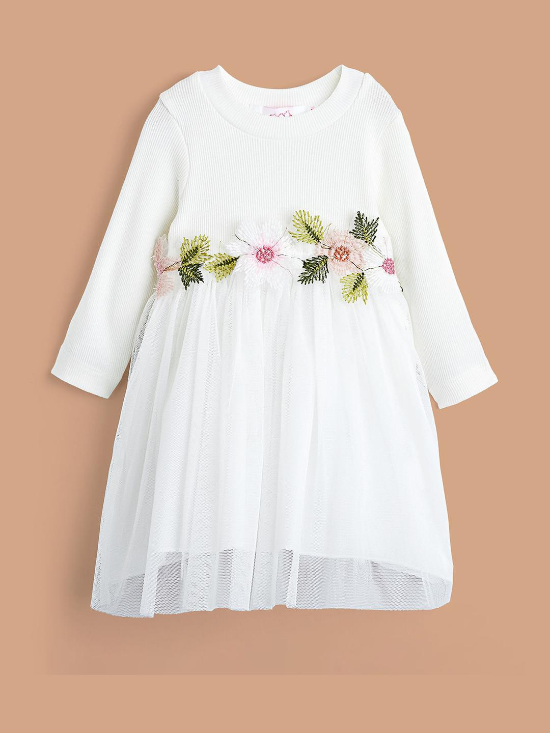 Hopscotch Girls Floral Embroidered Net Layer Fit & Flare Casual Dress