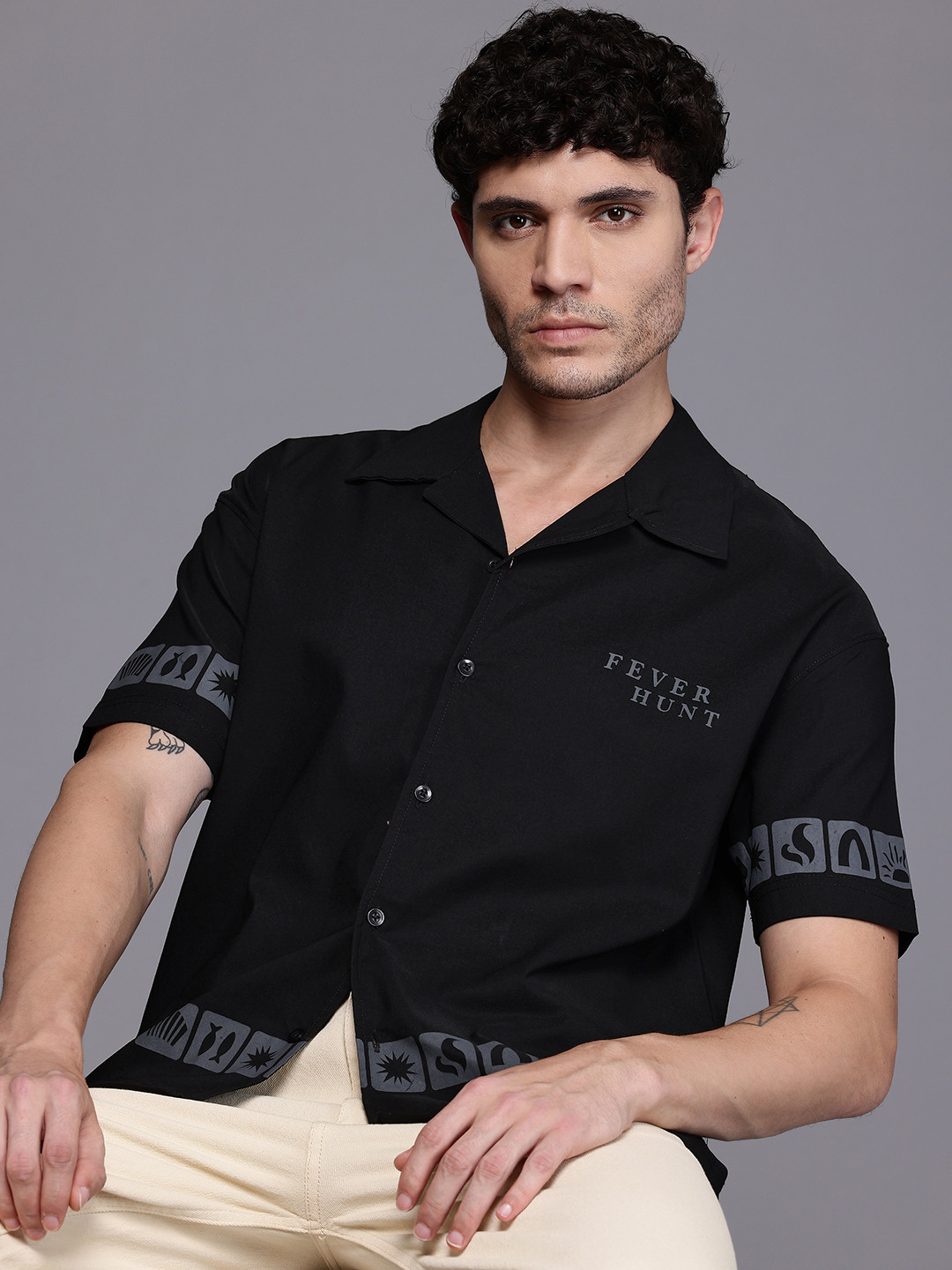 FEVER HUNT Conversational Print Cuban Collar Drop-Sleeves Relaxed Fit Shirt