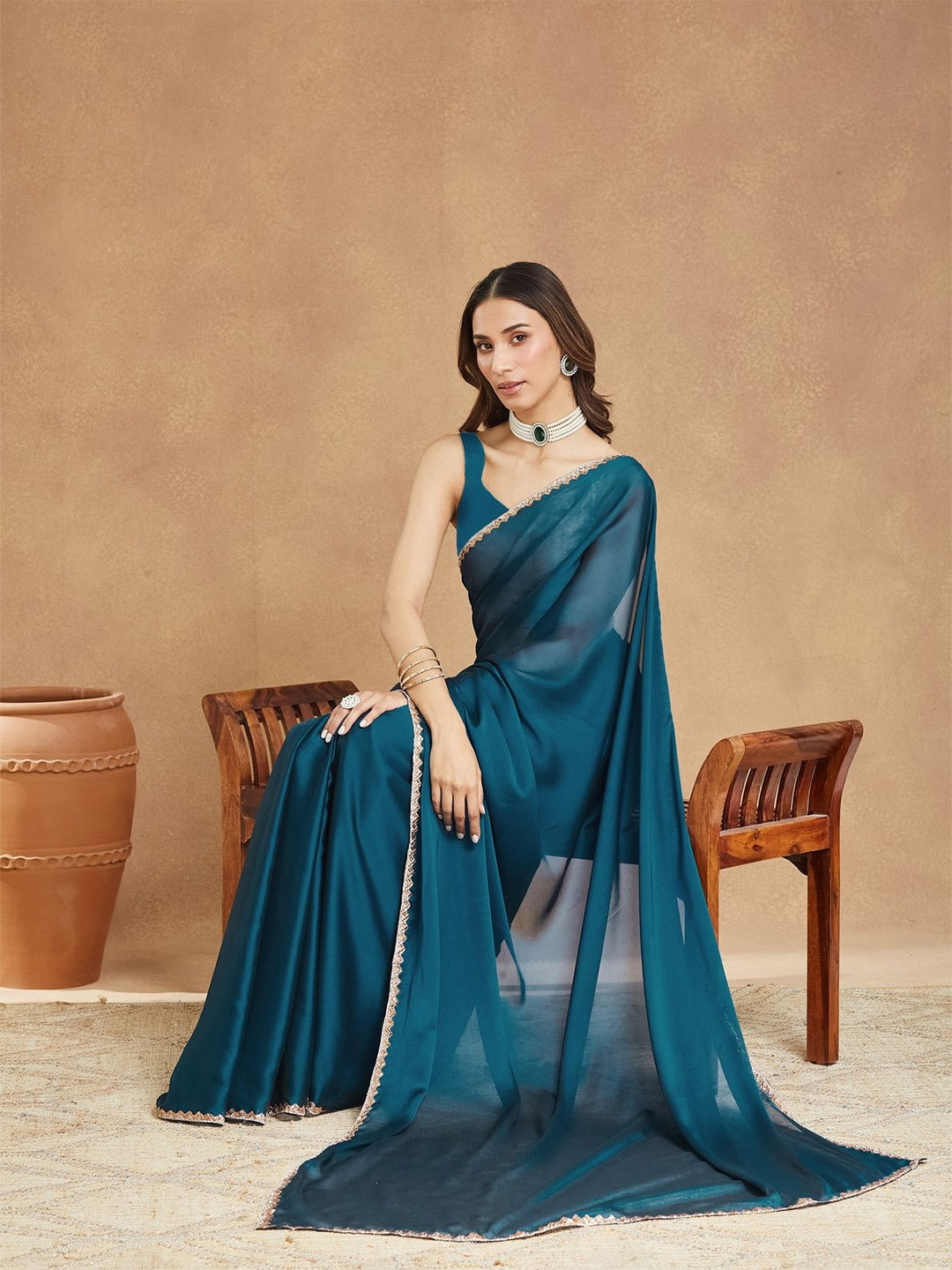 LOROFY Beads & Stones Jute Silk Heavy Work Tussar Saree With Blouse