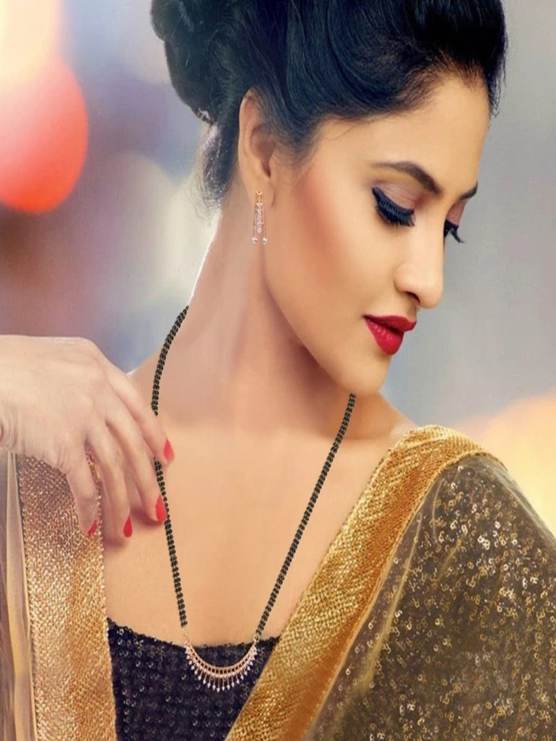 Navya Collection Artificial Stones Studded & Beaded Mangalsutra With Earrings