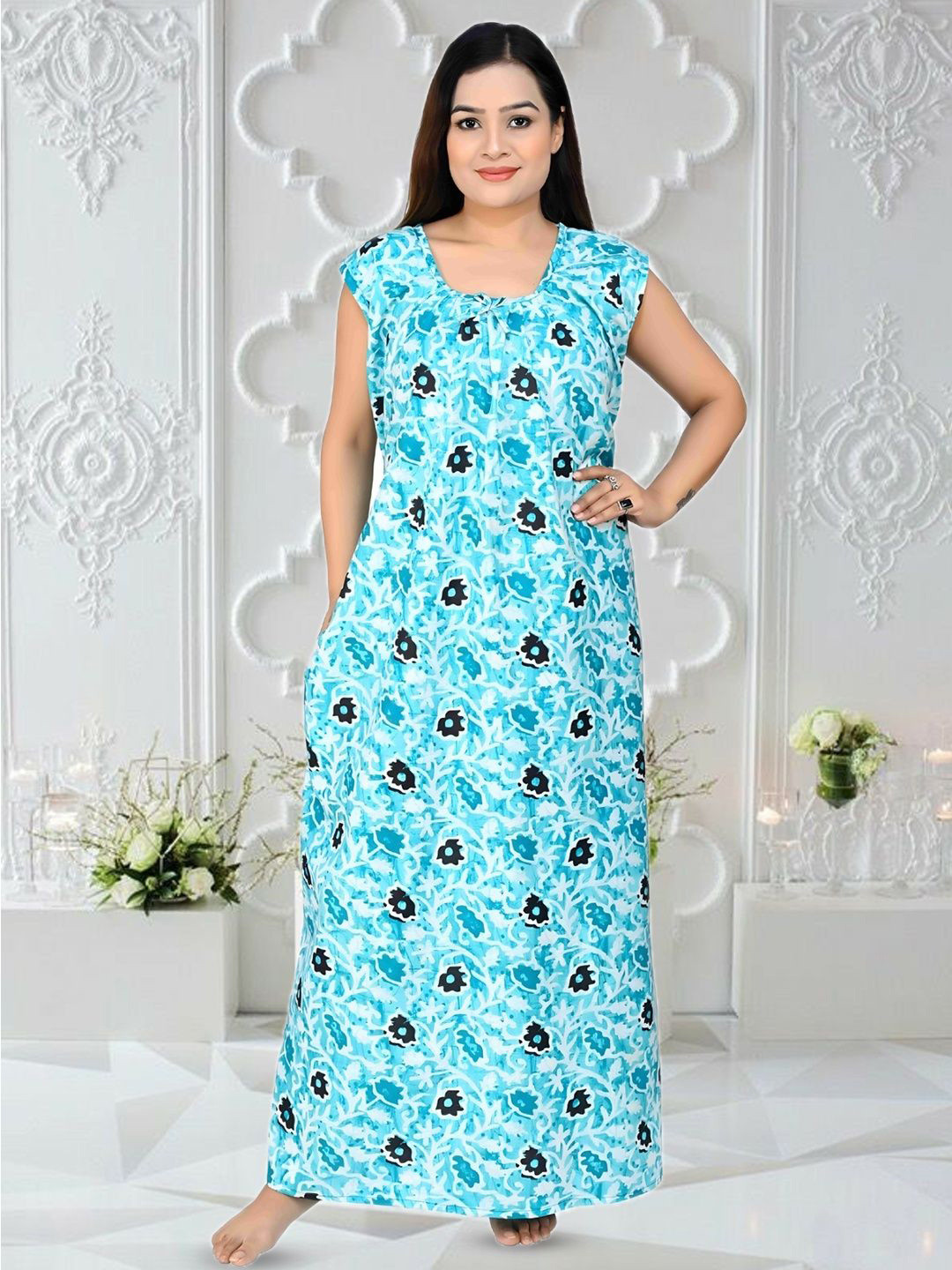 ANKONA Women Floral Printed Cotton Sleeveless Maxi Nightdress with Side Pocket