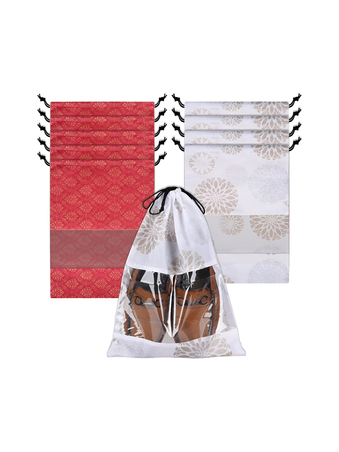 Aura Red & White 10 Pieces Printed Shoe Bags With Transparent Windows