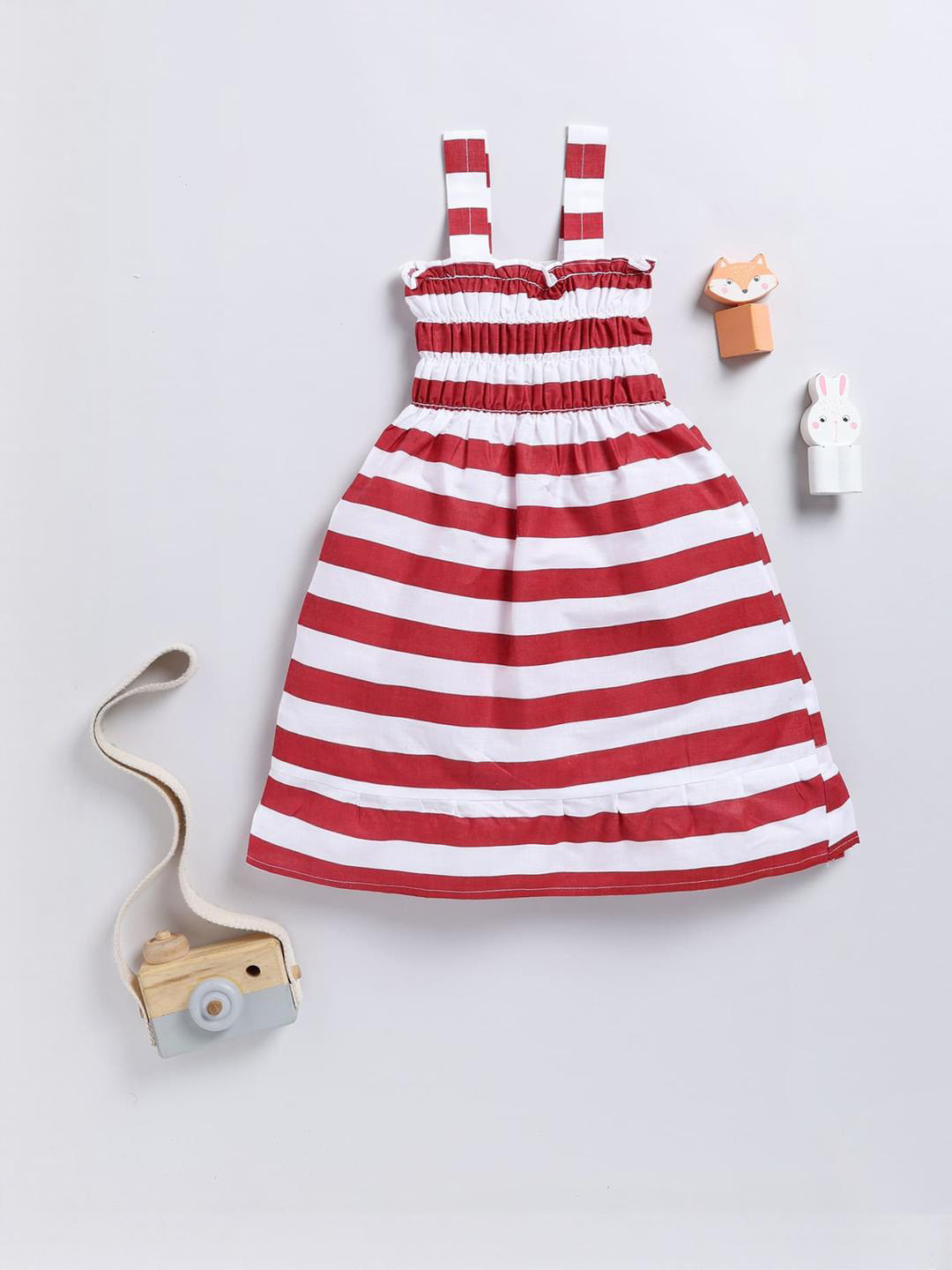 CHANDRIKA Girls Maroon Stripped Sleeveless Midi Casual Dress