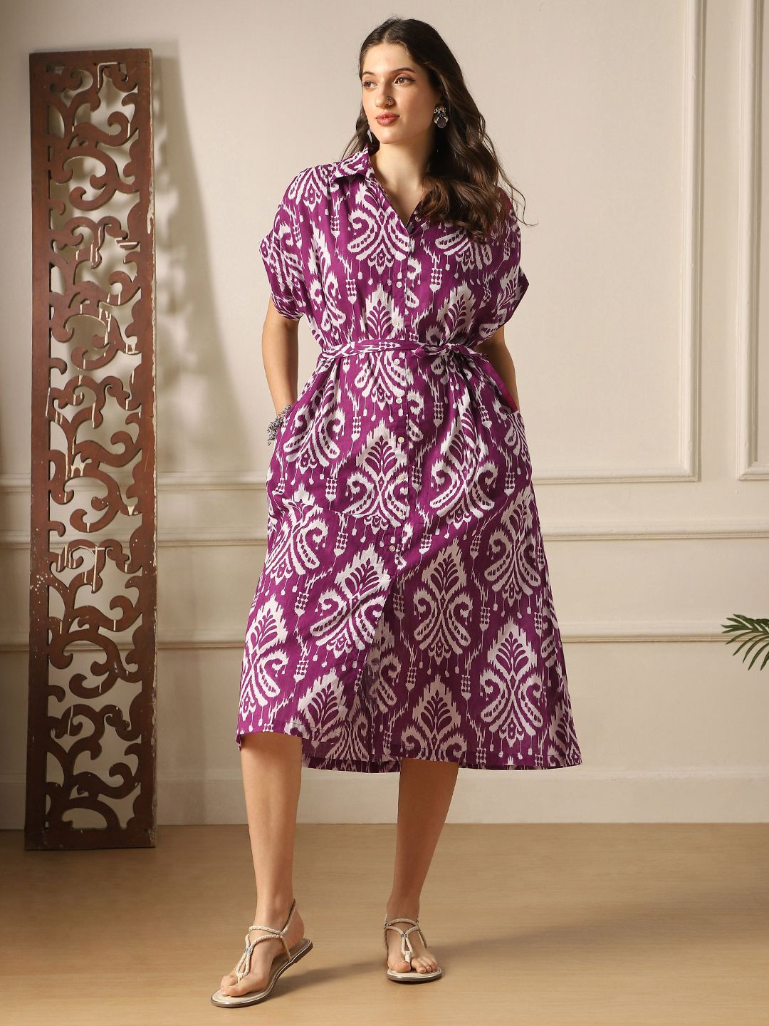 Globus Women Purple Ethnic Print Collared Neck Extended Sleeves Shirt Style Midi Dress