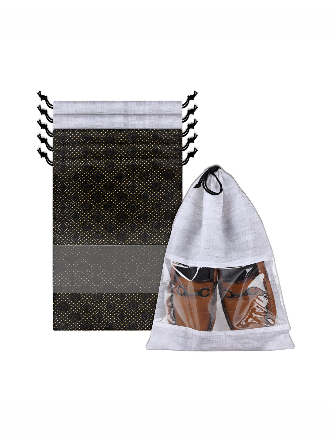 Aura Black & Grey 6 Pieces Printed Shoe Bags With Transparent Windows