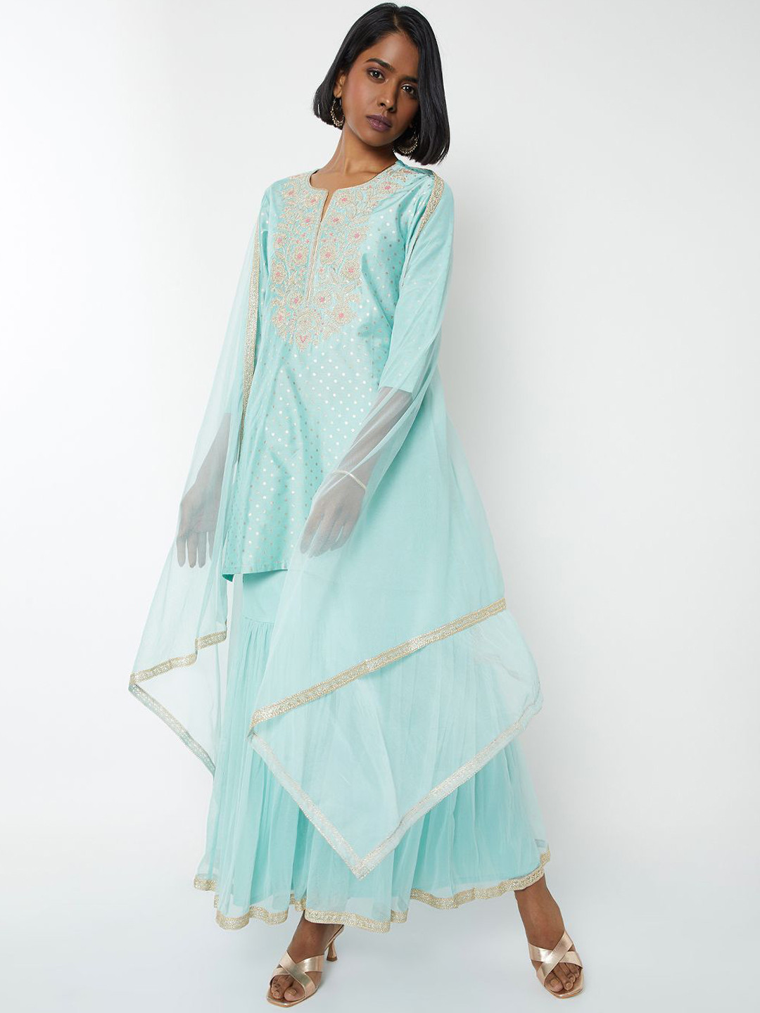 max Women Embroidered Regular Sequinned Kurta with Sharara & Dupatta