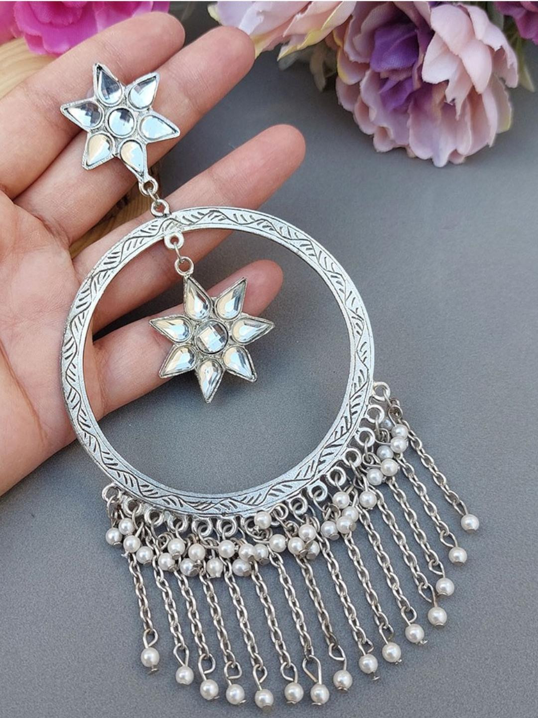 Fashioncrab Silver-Plated Stone Studded Big Oxidised Earrings