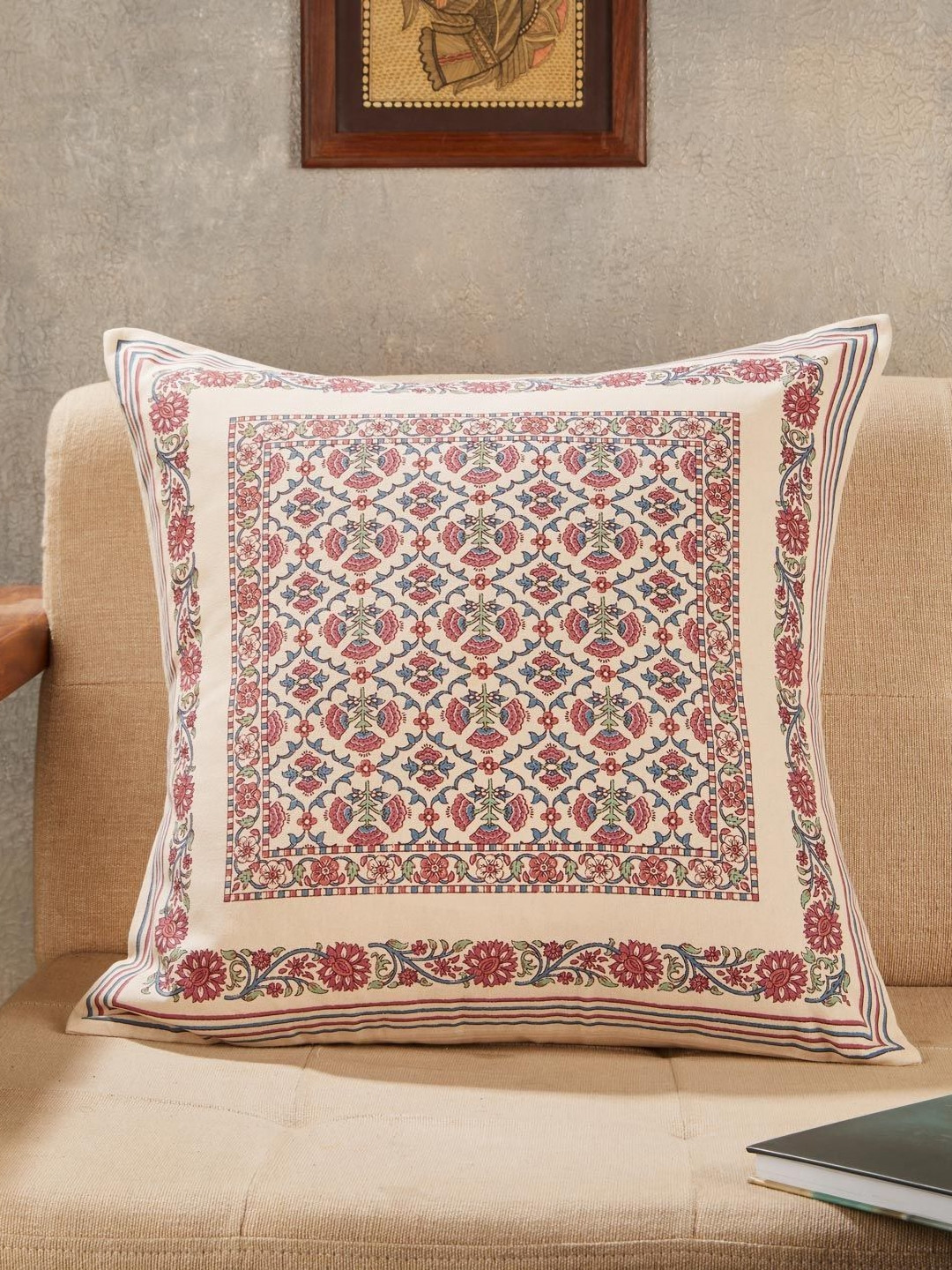 Fabindia Urmika Cream-Colored & Red Ethnic Motifs Cotton Square Cushion Cover