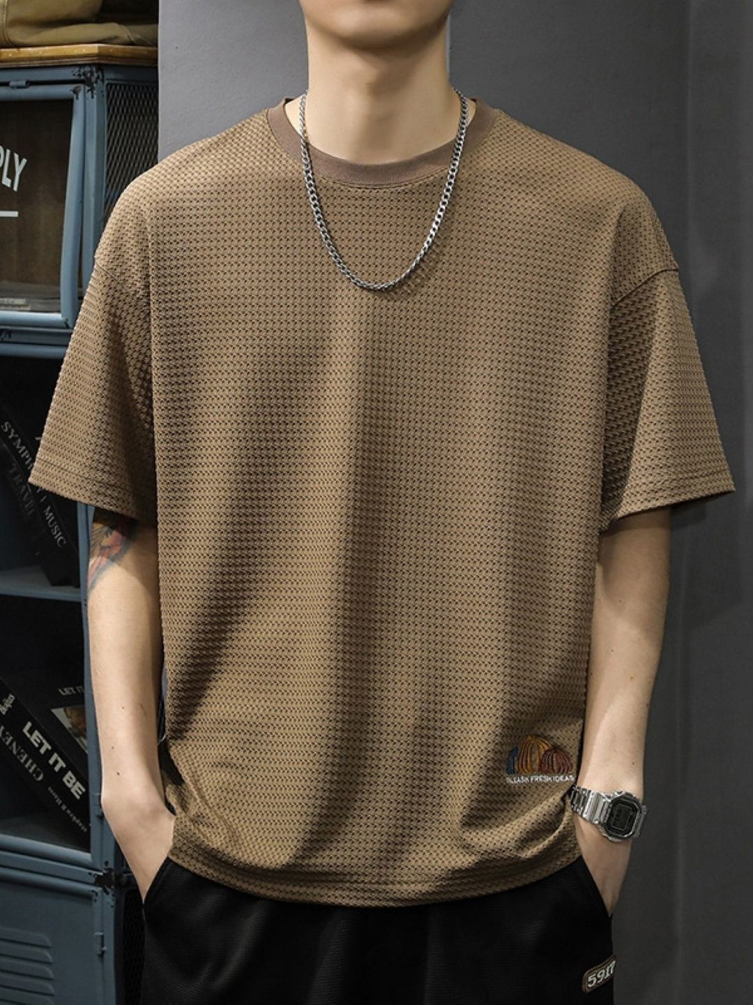 KPOP Brown Geometric Self Design T-shirt