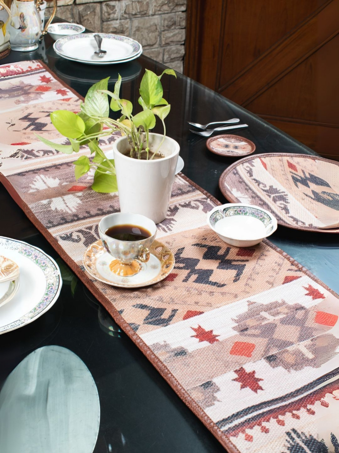 Mona B Vintage Beige & Grey Printed Table Runner