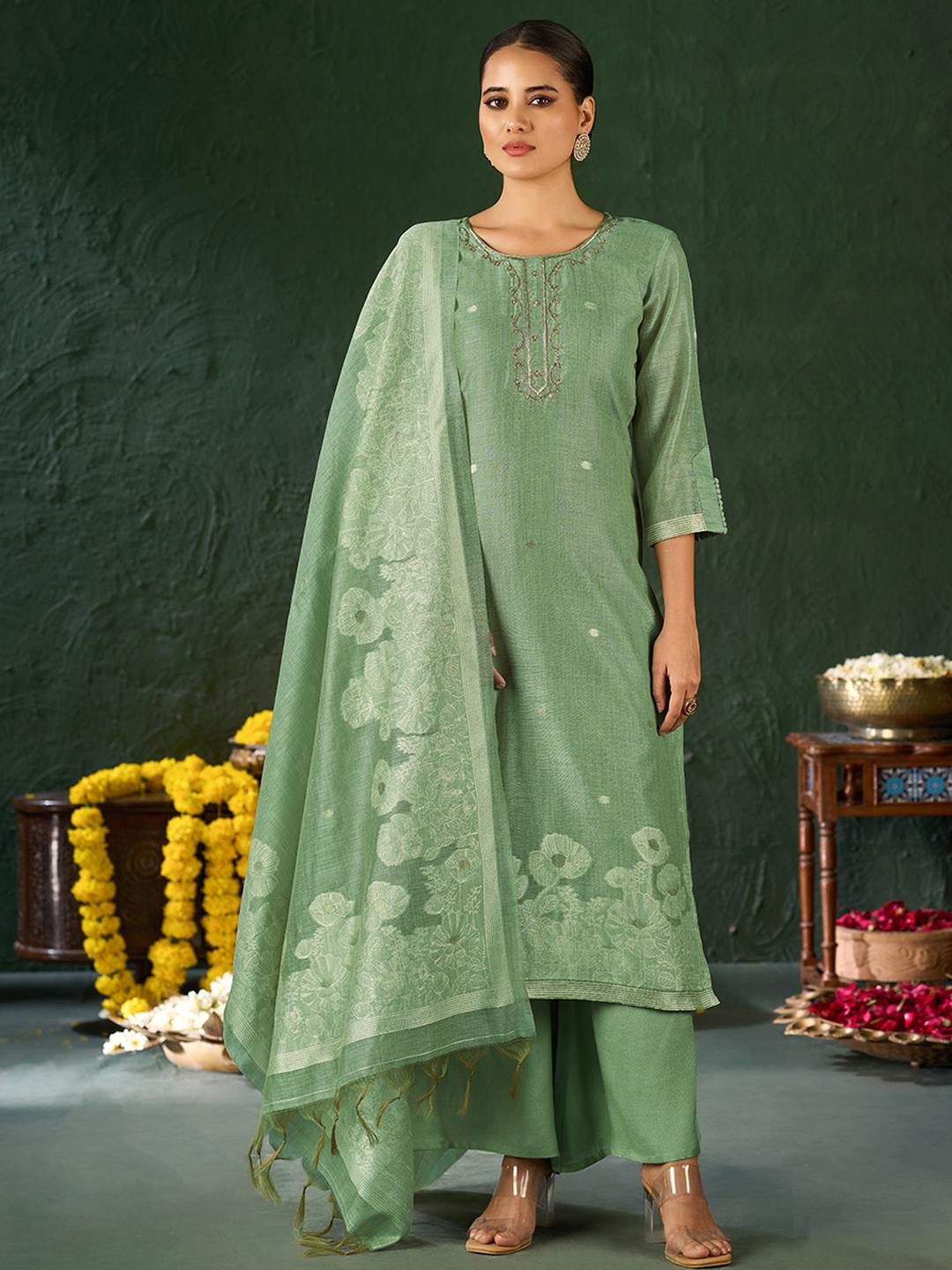 KALINI Women Handwork Embroidered Regular Kurta with Palazzos And Dupatta