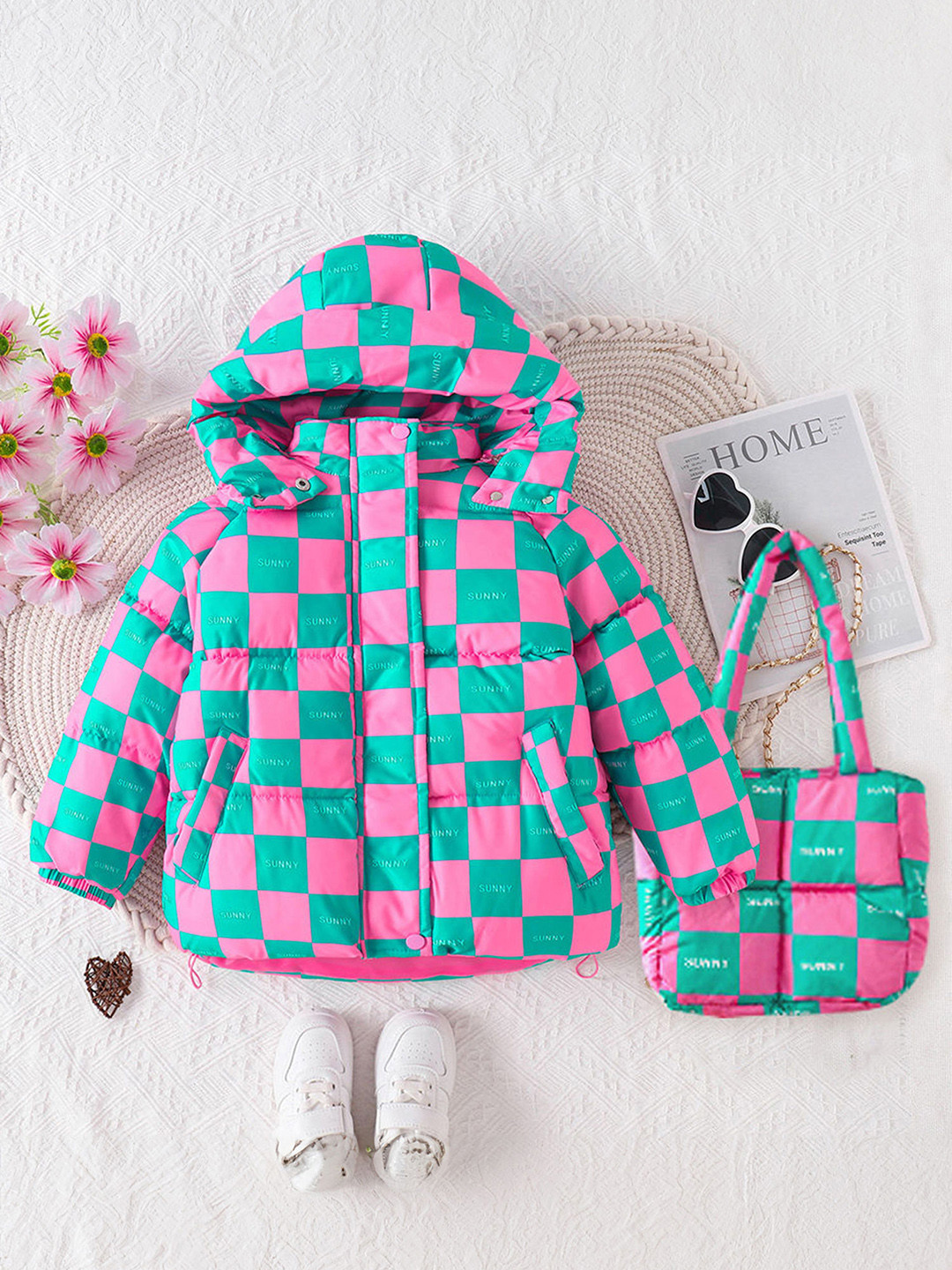 Girls Girls Teal & Pink Checked Full-Sleeve Long Coat