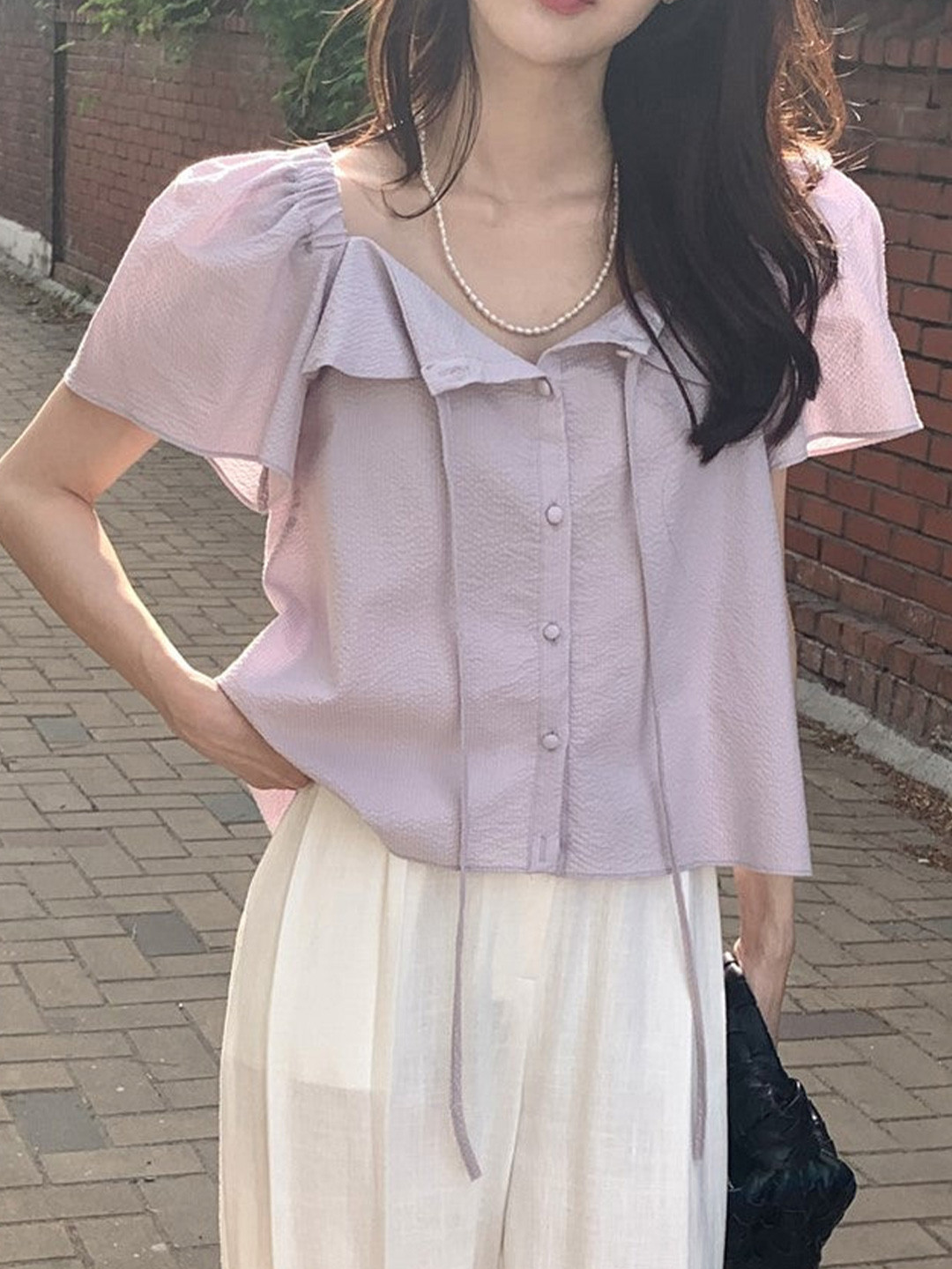 Outzidr Purple Bow Detailed Sheer Top