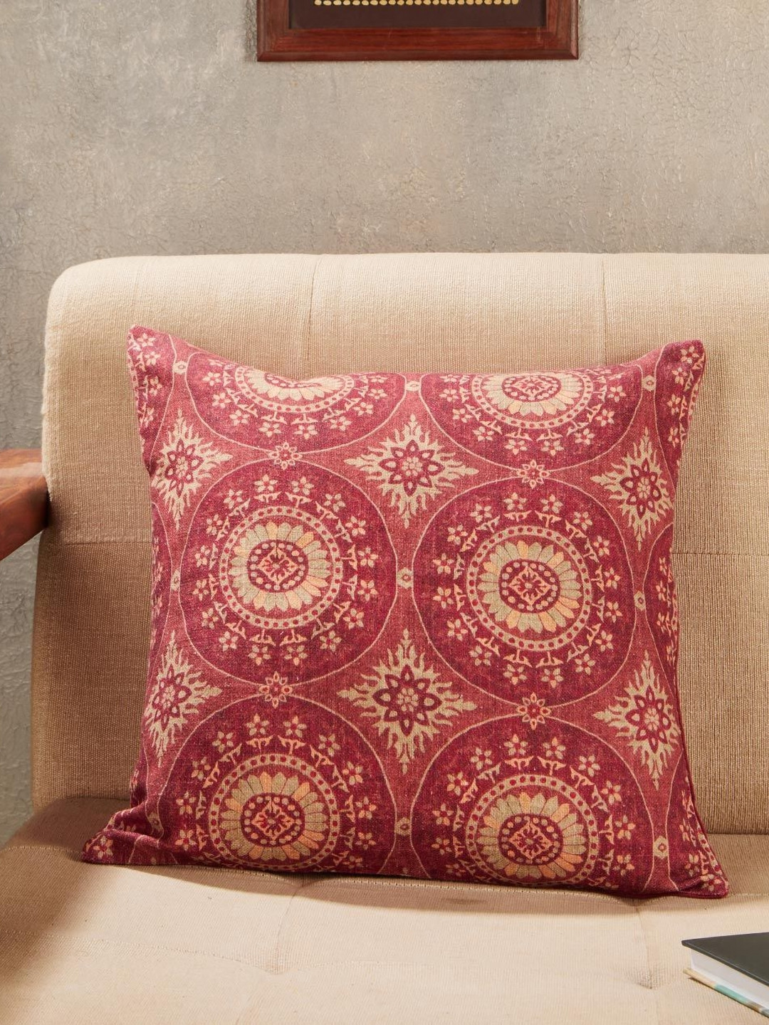 Fabindia Zahara Maroon & Beige Ethnic Motifs Cotton Square Cushion Cover