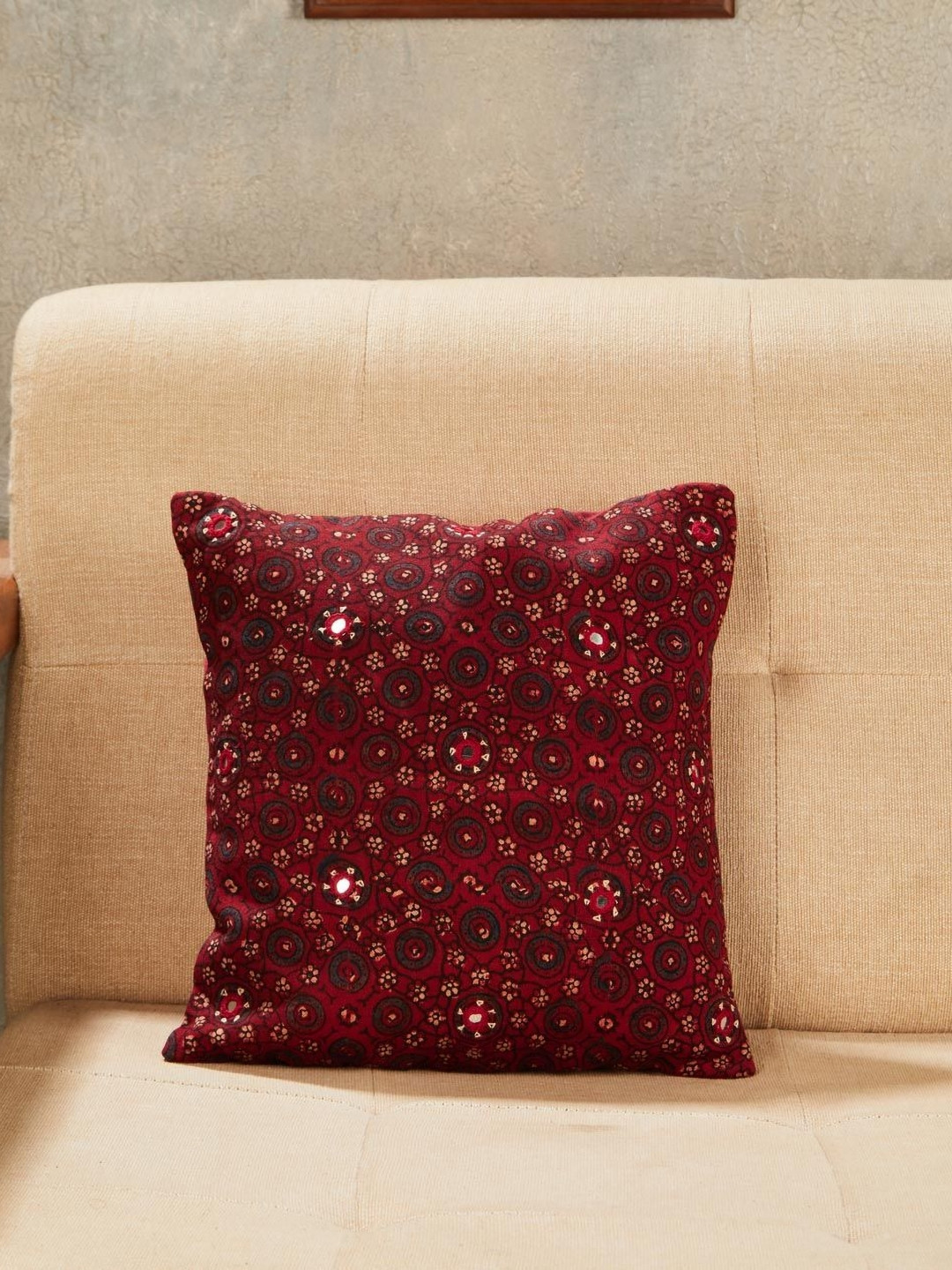 Fabindia Chavi Ajrakh Red & Gold Toned Embroidered Cotton Square Cushion Cover