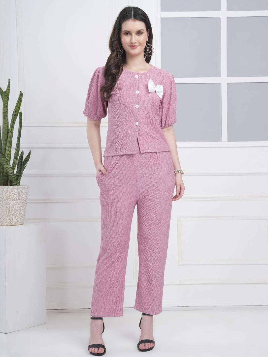 Dreambe Women Bow Detail Self Design Shirt And Trousers Co-Ord Set