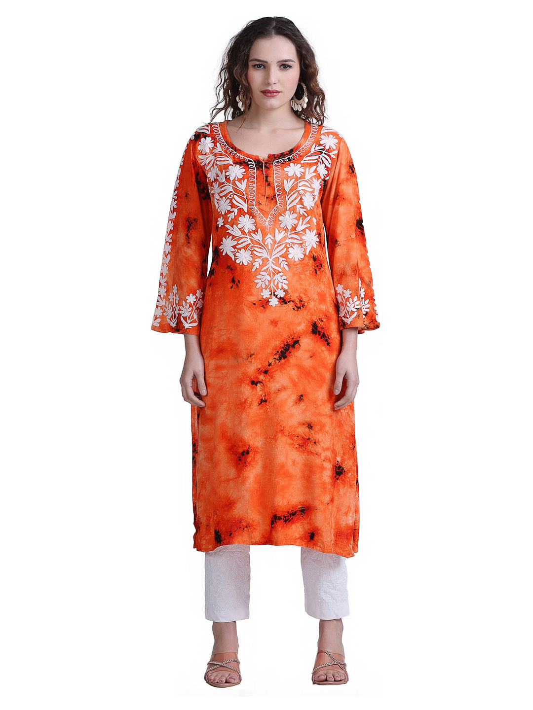FIIZA Floral Women's Lucknowi Chikankari Machine Embroidery Rayon Kurti