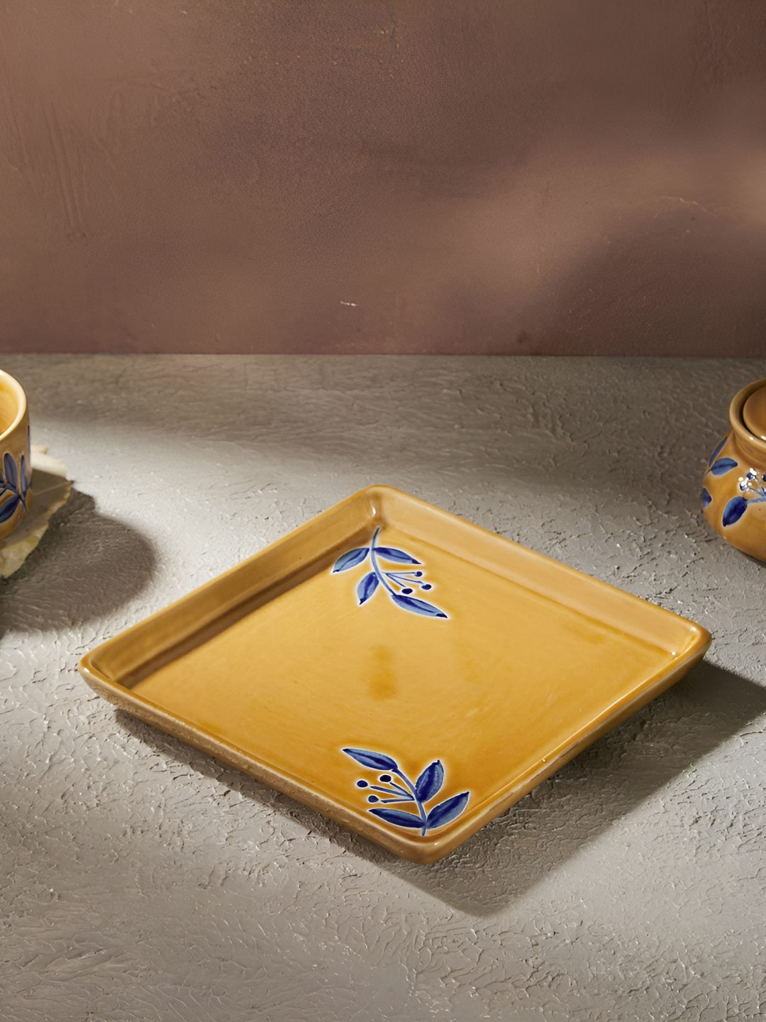 Fabindia Naintara Yellow & Blue Printed Ceramic Dishwasher and Microwave Safe Food Platter