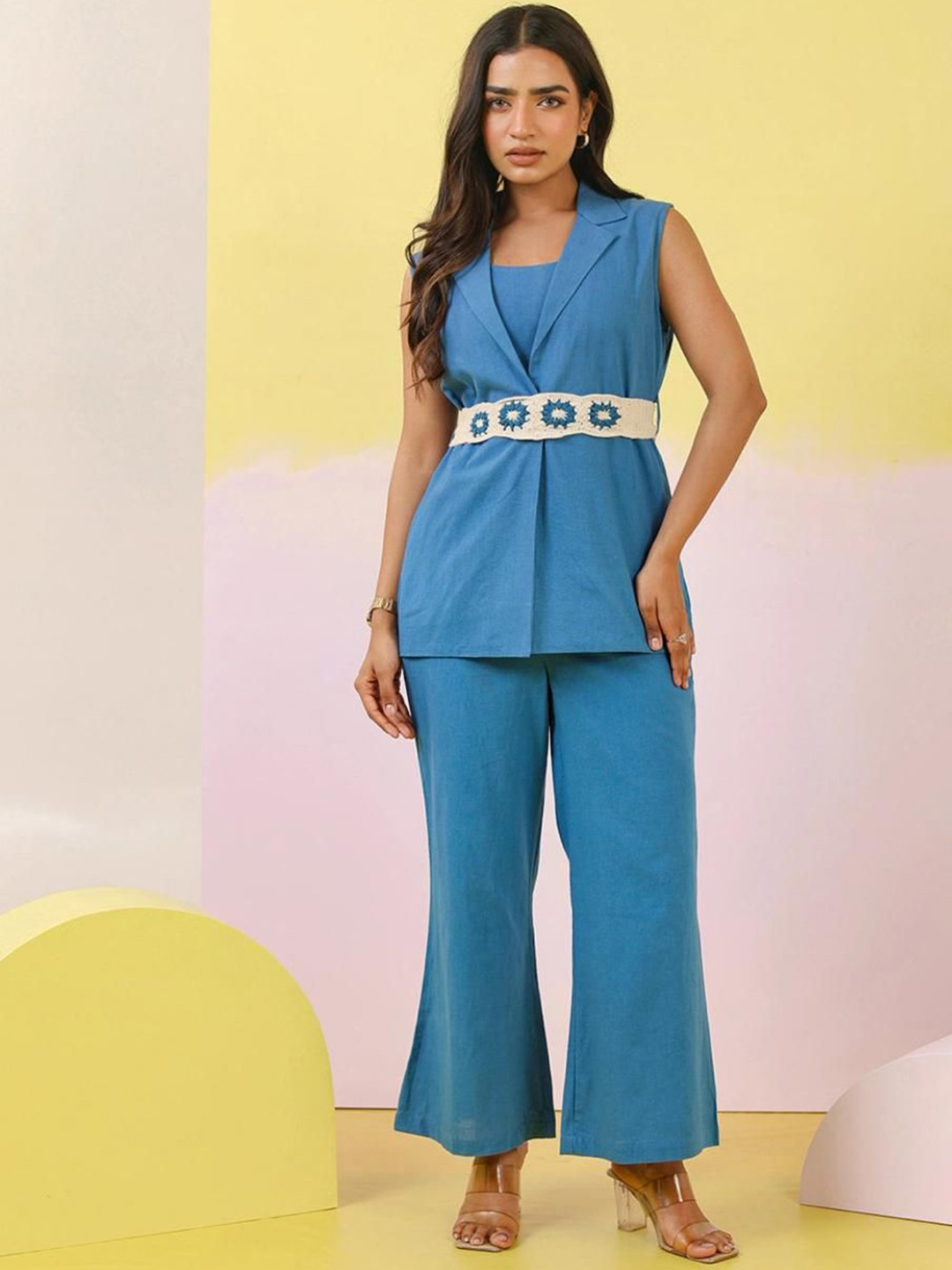 Xelov Pure Cotton Lapel Collar Sleeveless Blazer With Trousers & Crochet Belt