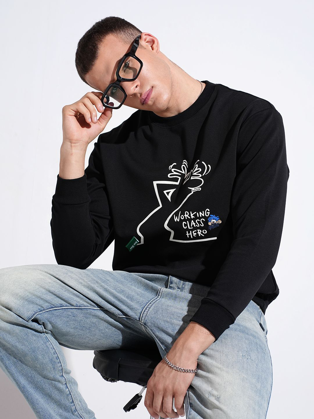 SHOWOFFFF Men Graphic Print Black Round Neck Ribbed Regular Fit Sweatshirt