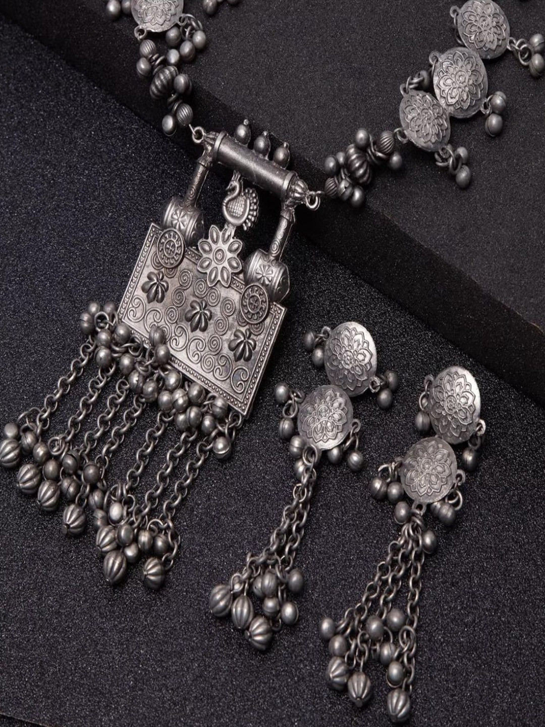 Oxicraft Sliver Plated Ghungroo Beaded Oxidised Jewellery Set