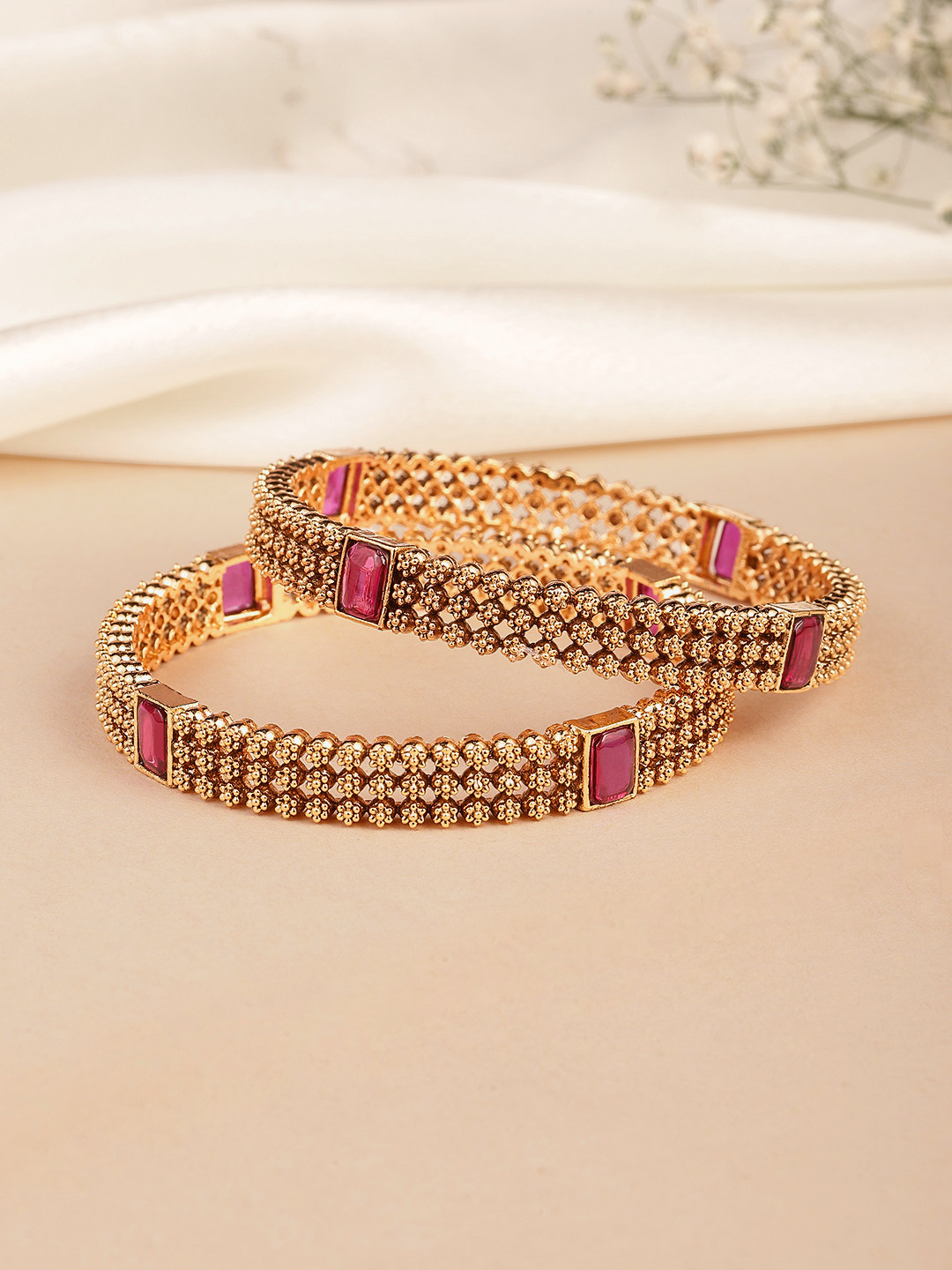 Peora Set Of 2 Gold-Plated Faux Ruby Bangles