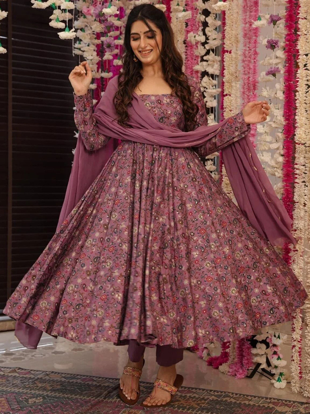 ZAIERRA Floral Printed Sequinned Anarkali  With Trousers & Dupatta