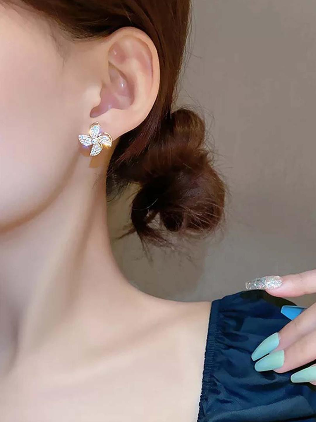 TheVineGirl Women Gold-Plated Korean Windmill Rotating Artificial Stones Studs Earrings